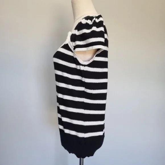 Review Black & White Stripe Bow Detail Cap Sleeve Knit Top Size 14 - Picture 3 of 8